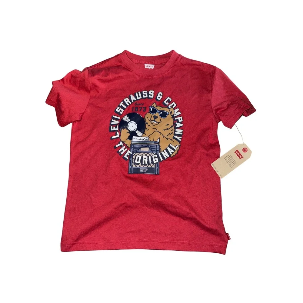 Levis Boys Red DJ Bear Graphic Tee Shirt N897-R7S Size S 8-10Y NWT